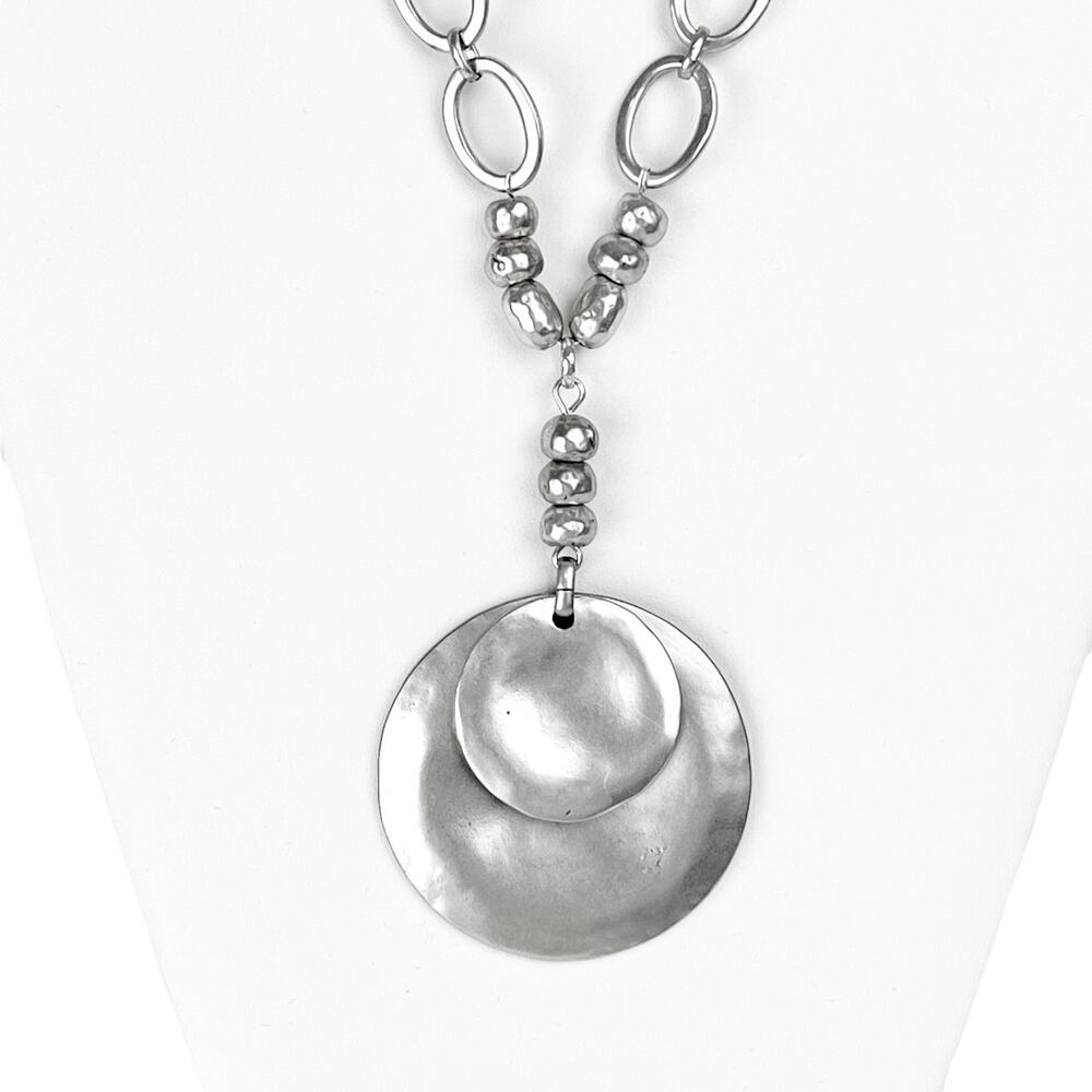 Chicos Modernist Pendant Necklace Retro Boho Chic Classic Silver Tone Adjustable